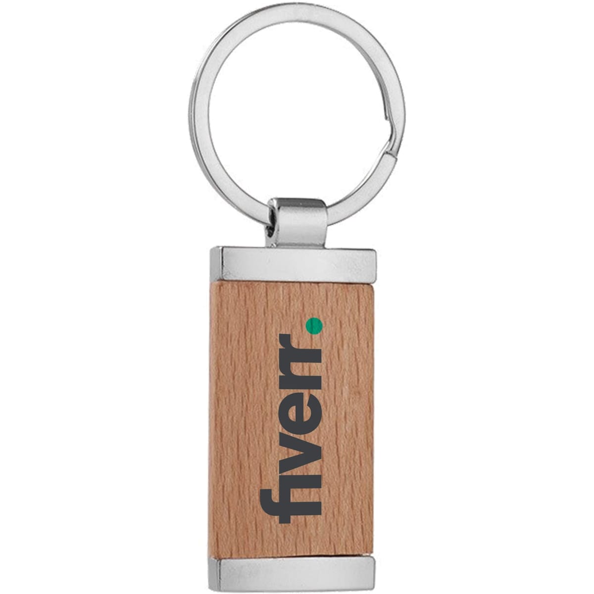 A wooden key ring with metallic accents features a logo on its surface. The wood has a light, natural colour.