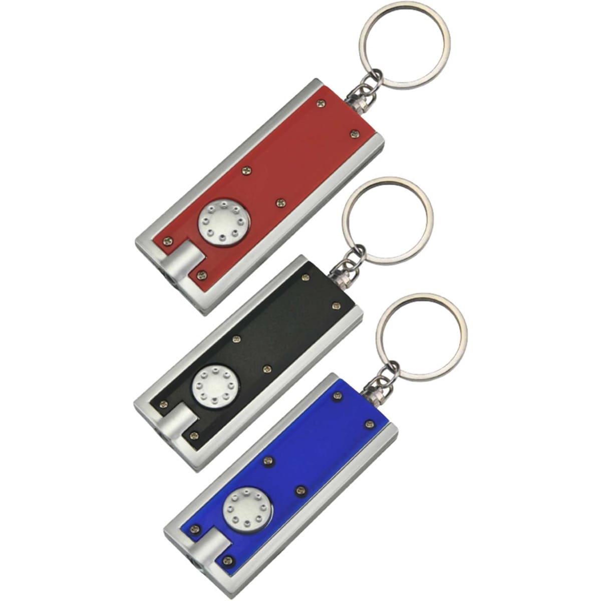 A set of three signature torch key rings in red, black, and blue, each with a metal finish and a keyring attachment.