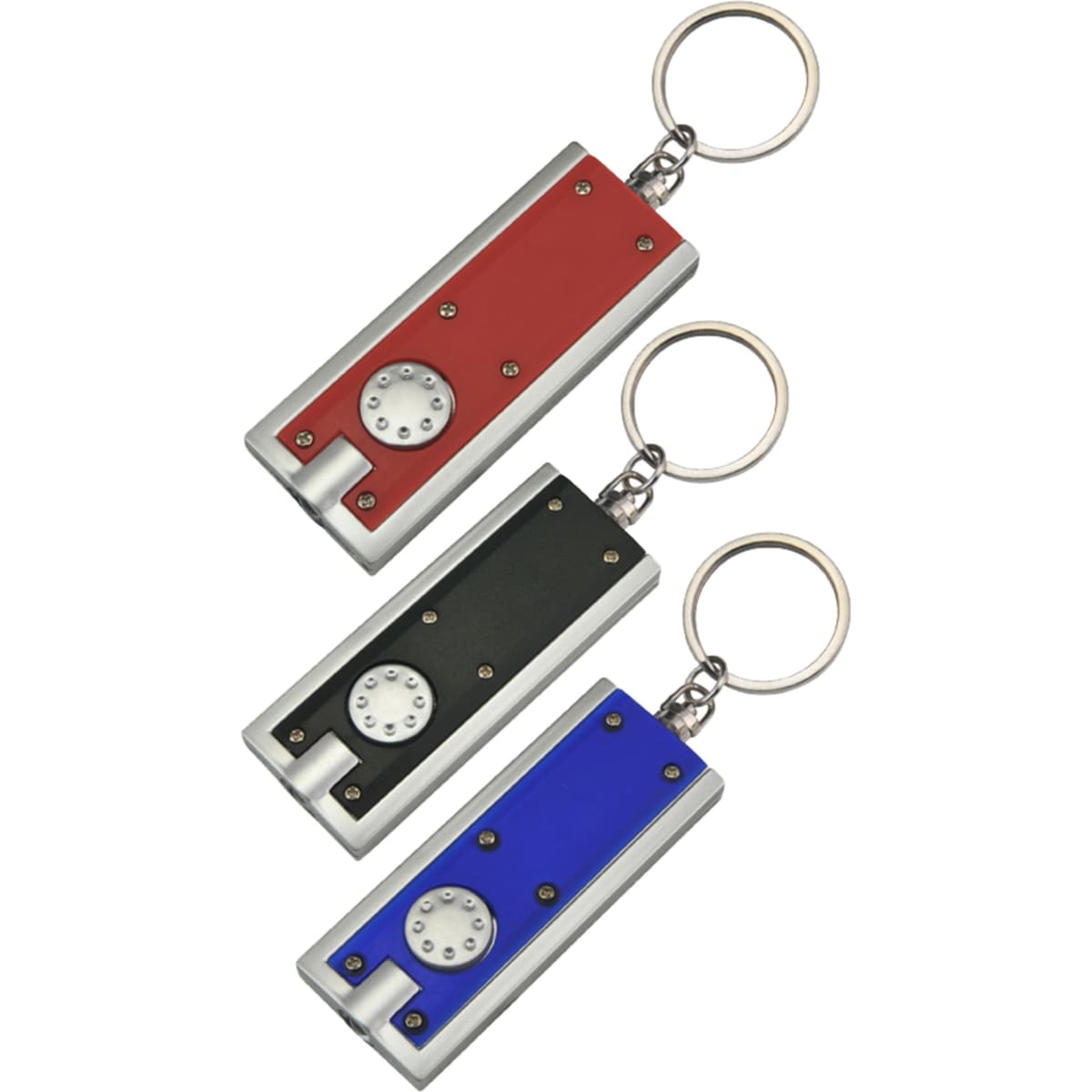 A set of three keyrings featuring a metallic design in red, black, and blue colours with circular details.