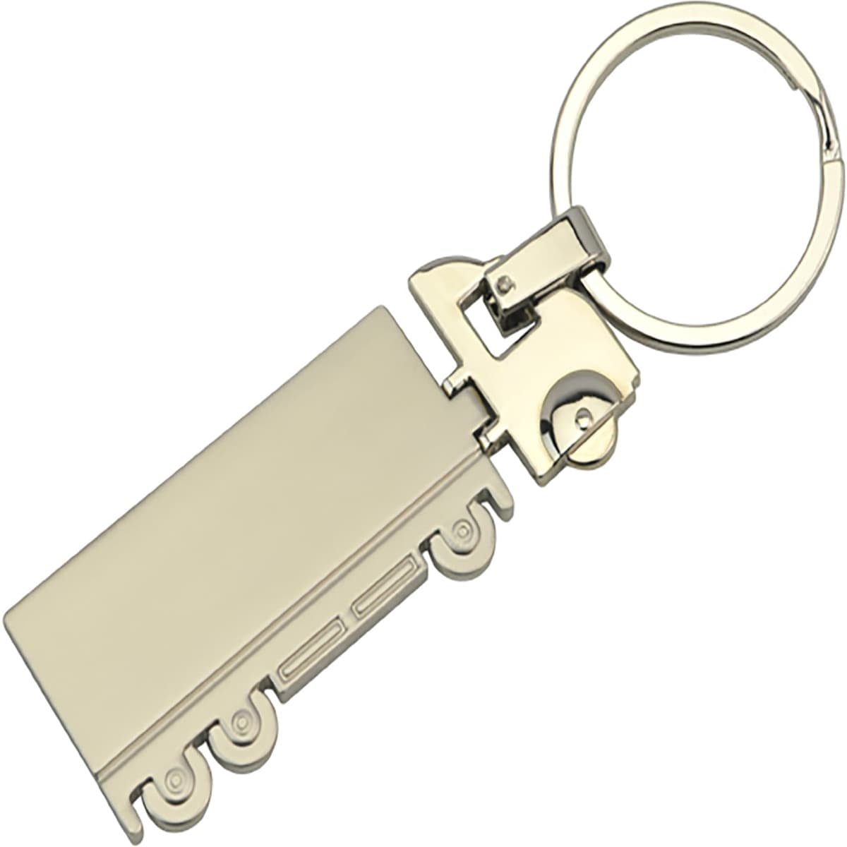 A silver cargo truck-shaped keyring with a circular keyring attachment. It has a simple, sleek design.