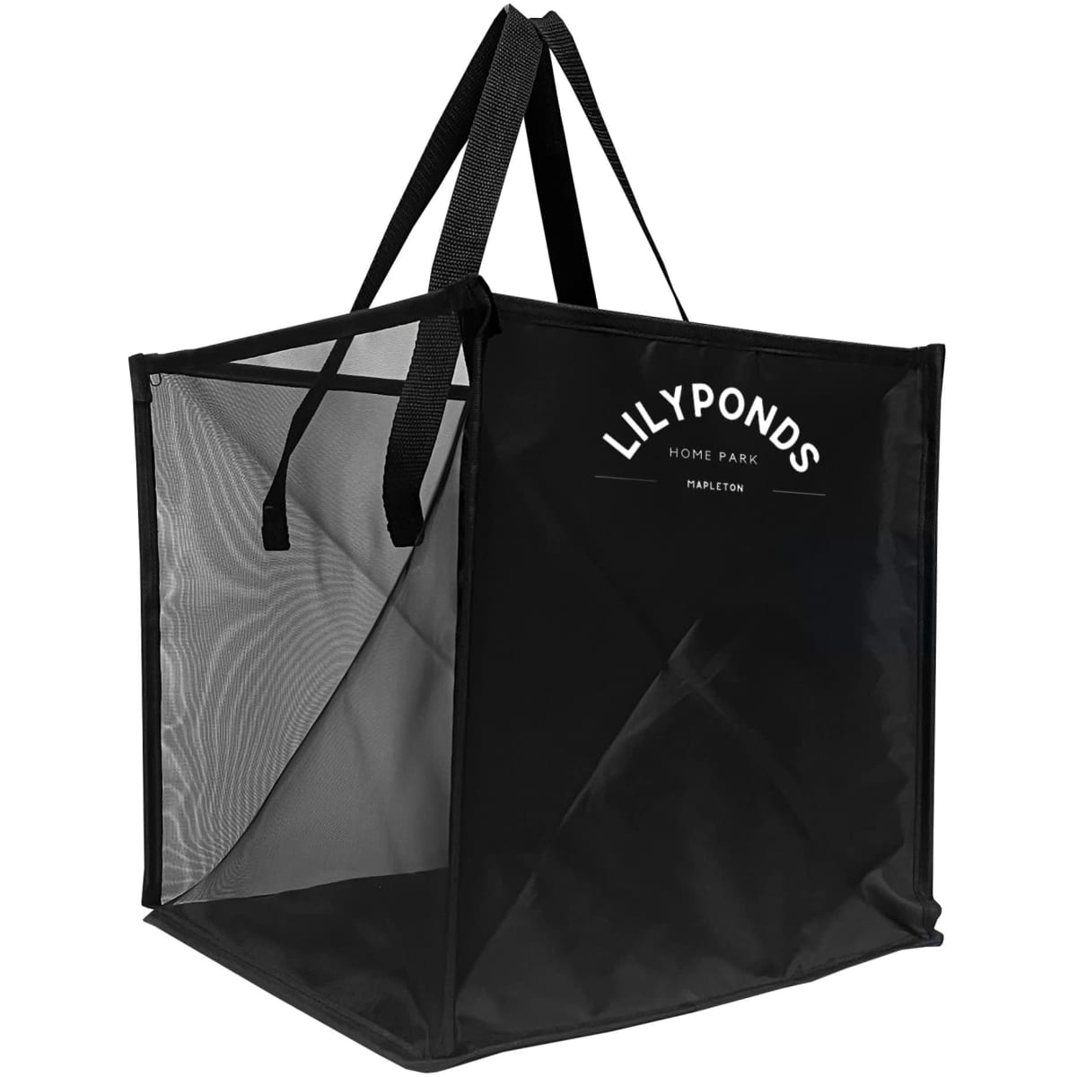 A black rectangular laundry basket with mesh sides and two black handles, featuring a logo on the front.