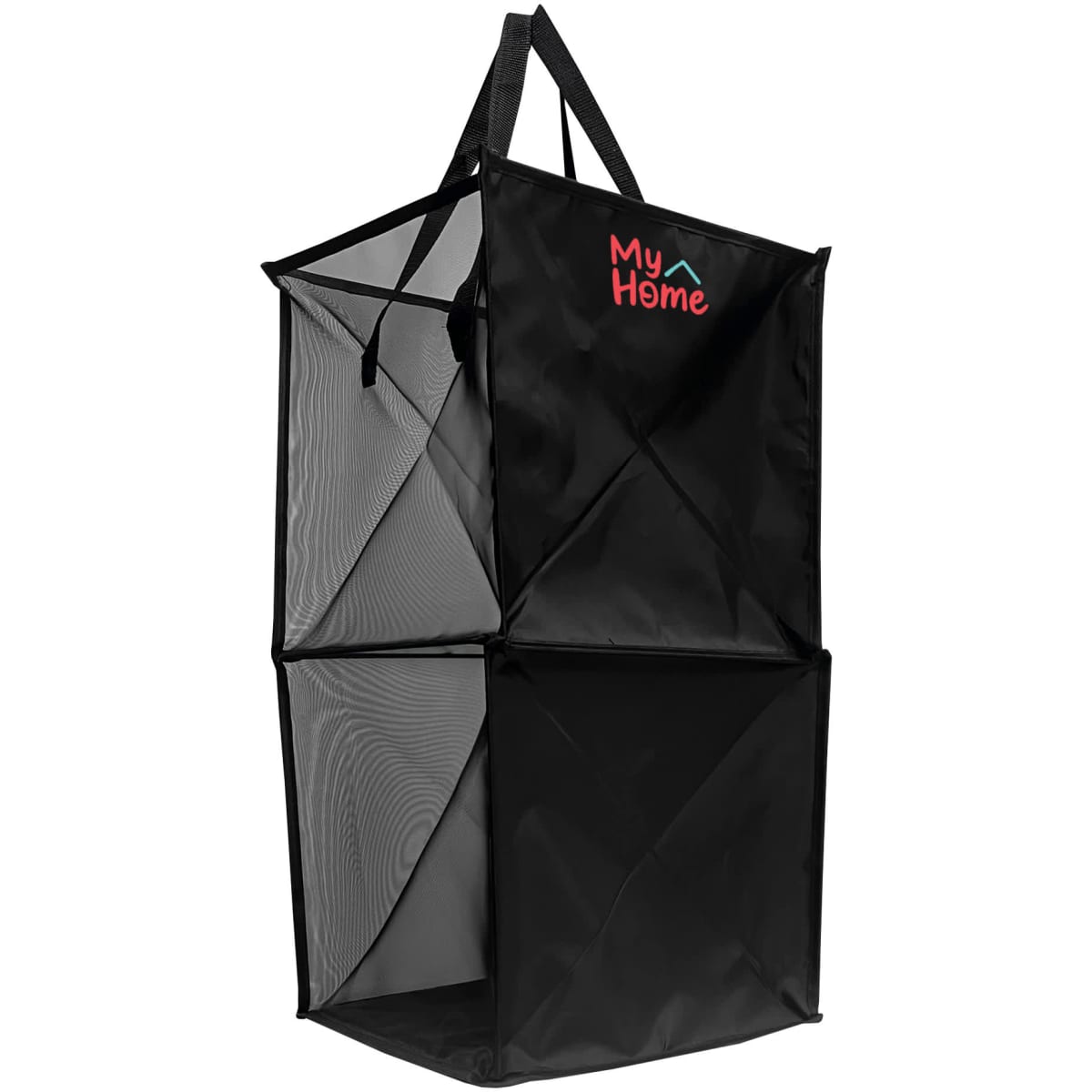 A black laundry basket with mesh panels and a logo on the front, featuring a convenient handle for carrying.