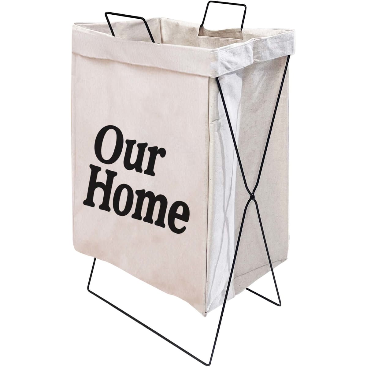 A beige cotton laundry basket with black text and a metal frame, featuring a simple modern design.