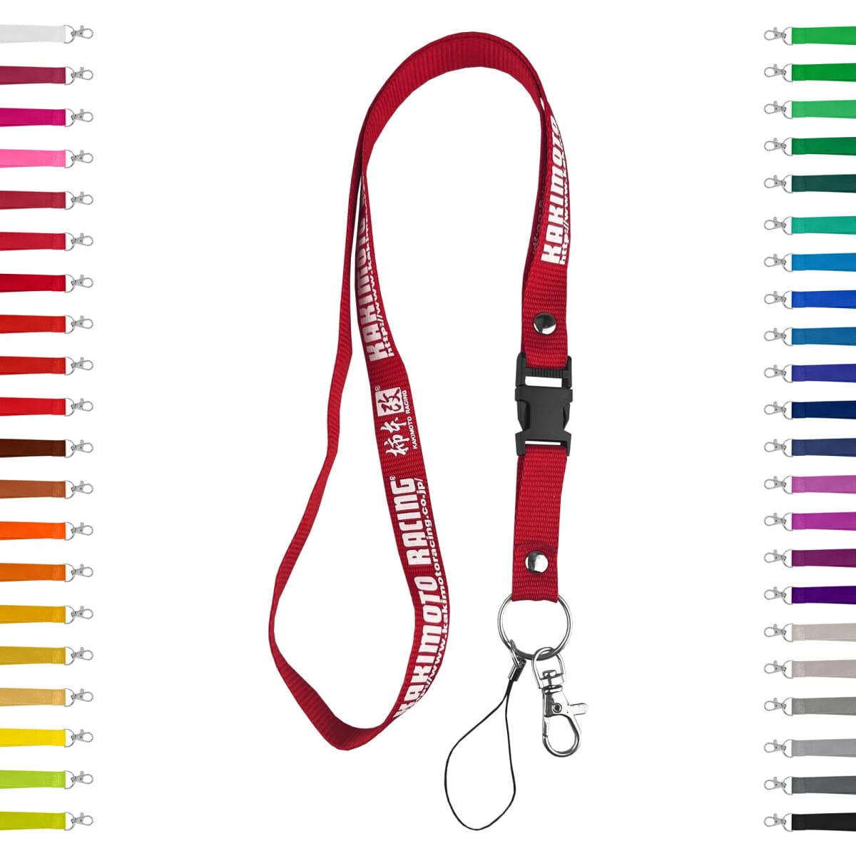 A red polyester lanyard with a clip, surrounded by swatches of various colours. Features a branding logo.