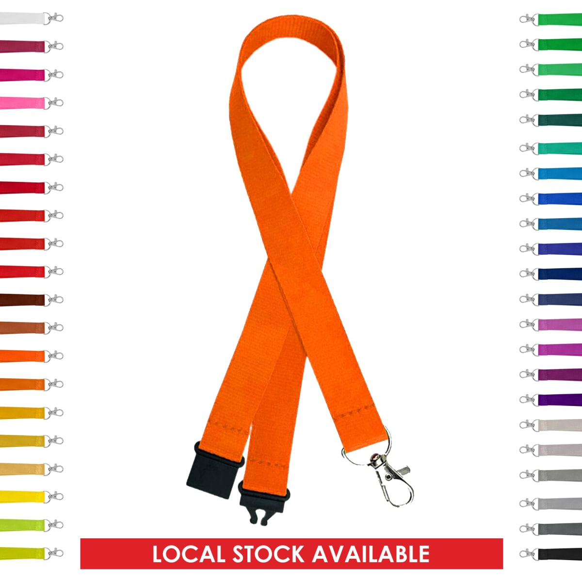 Orange polyester lanyard, 20mm wide, featuring a clip and buckle, surrounded by a variety of colour options.