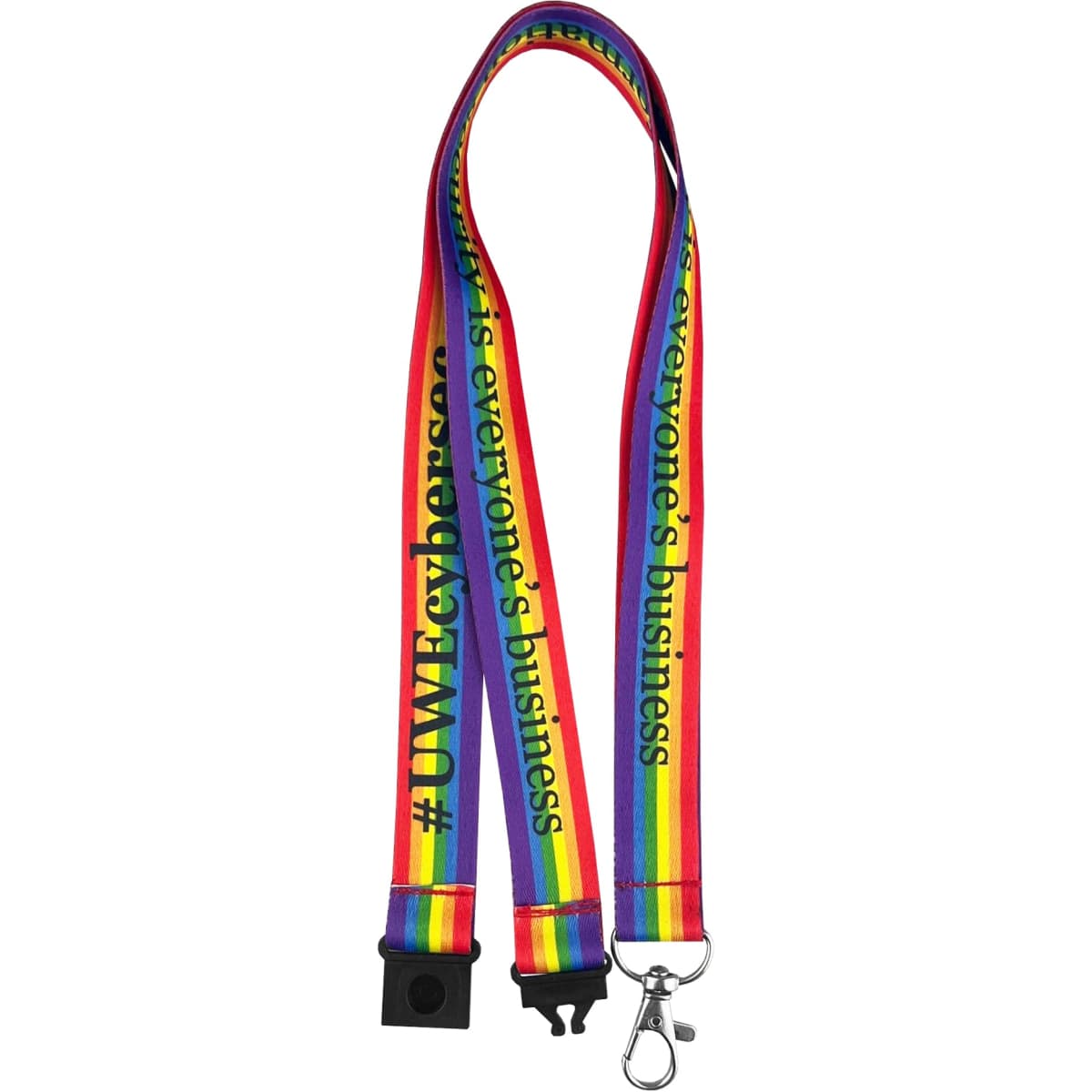 A vibrant, multicoloured lanyard with a clip, featuring a repeating logo along its length.