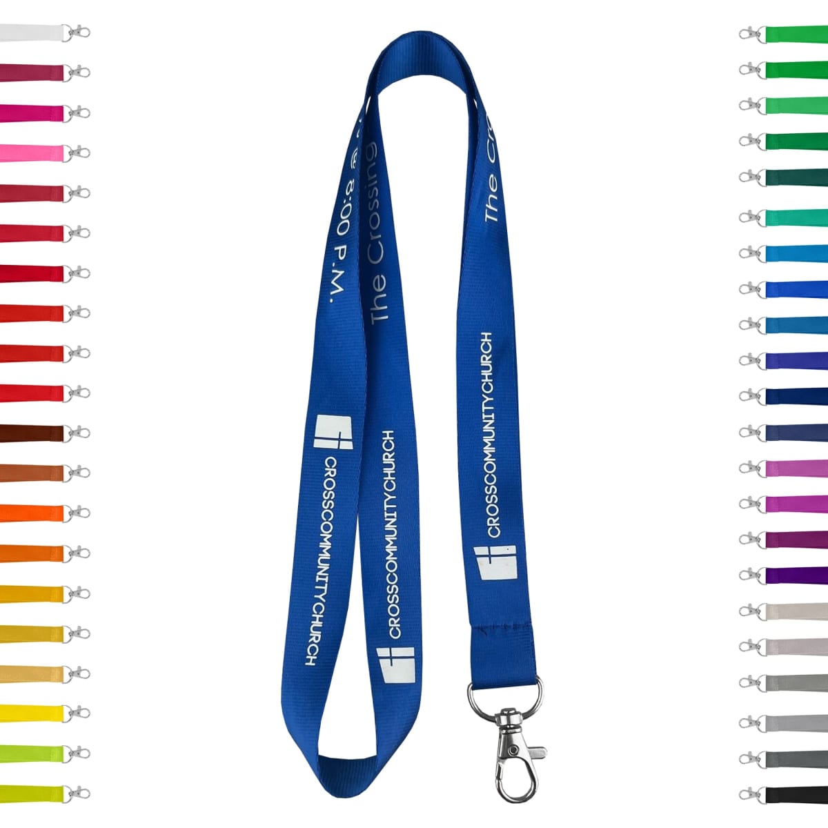 A blue nylon lanyard featuring a clip, with various lanyard colours displayed alongside it.