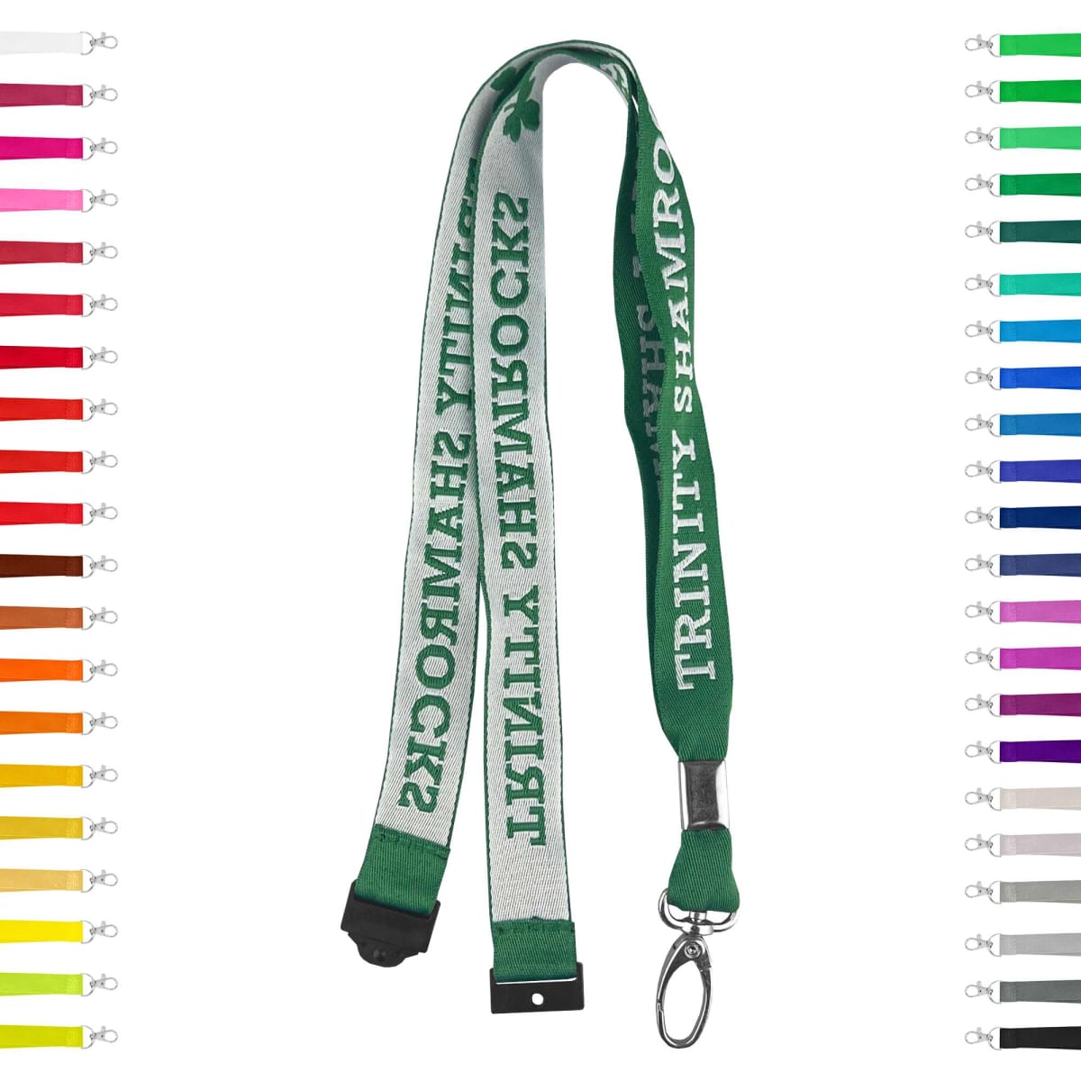 A green woven lanyard featuring logos, with clips for attachment and surrounded by various colour options.