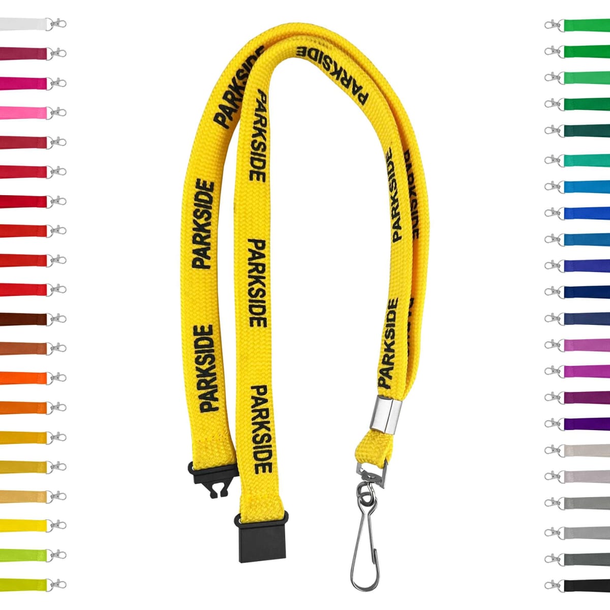 A yellow tubular lanyard with a clip and branding, surrounded by various coloured options.