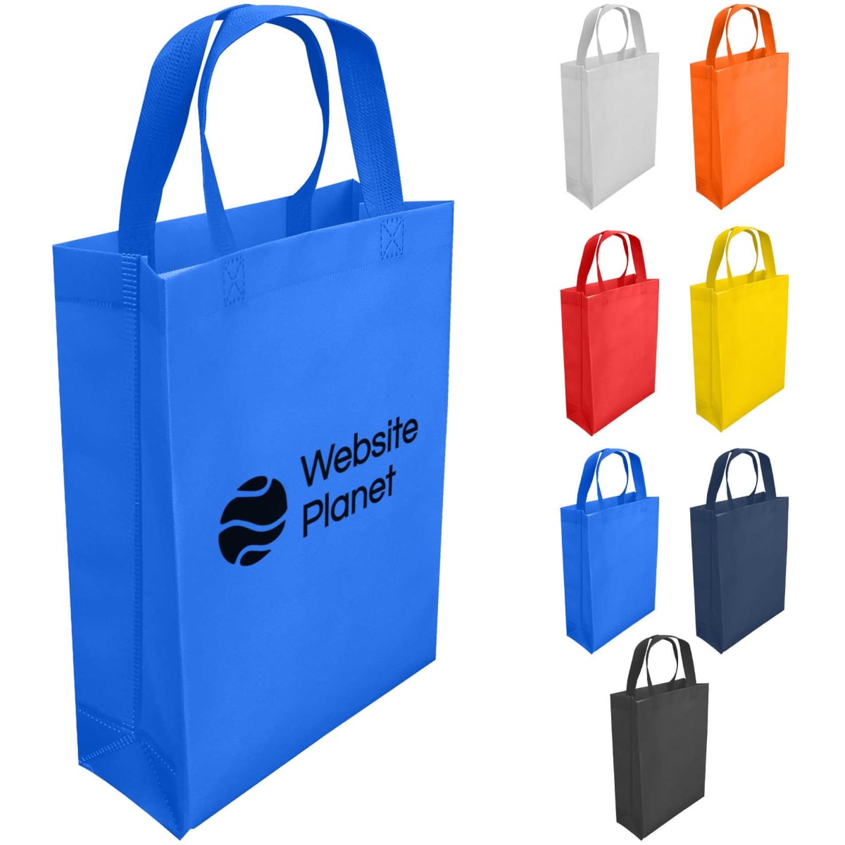 A blue laminated non-woven trade show bag with two handles, available in several other colours. Features a logo.