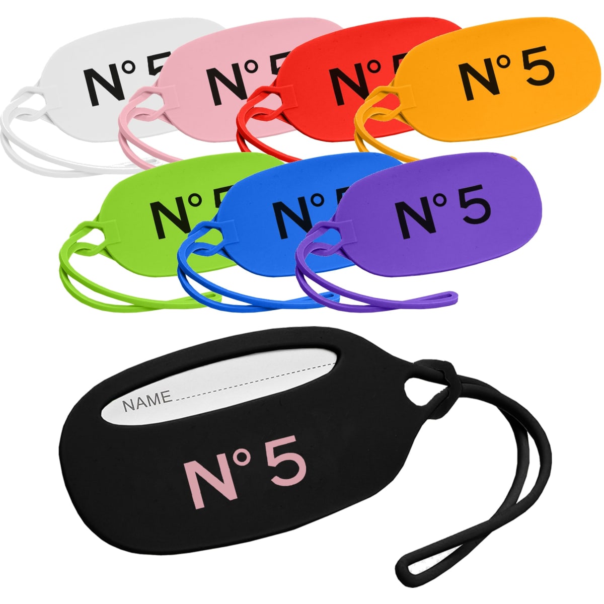 Eight silicone luggage tags in various colours, featuring a slot for writing a name and a logo on each tag.