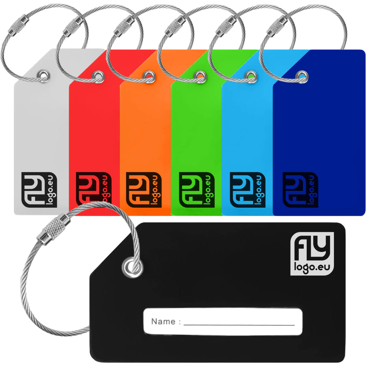 A set of silicon luggage tags in various colours including white, red, orange, green, blue, and black, each with a logo.