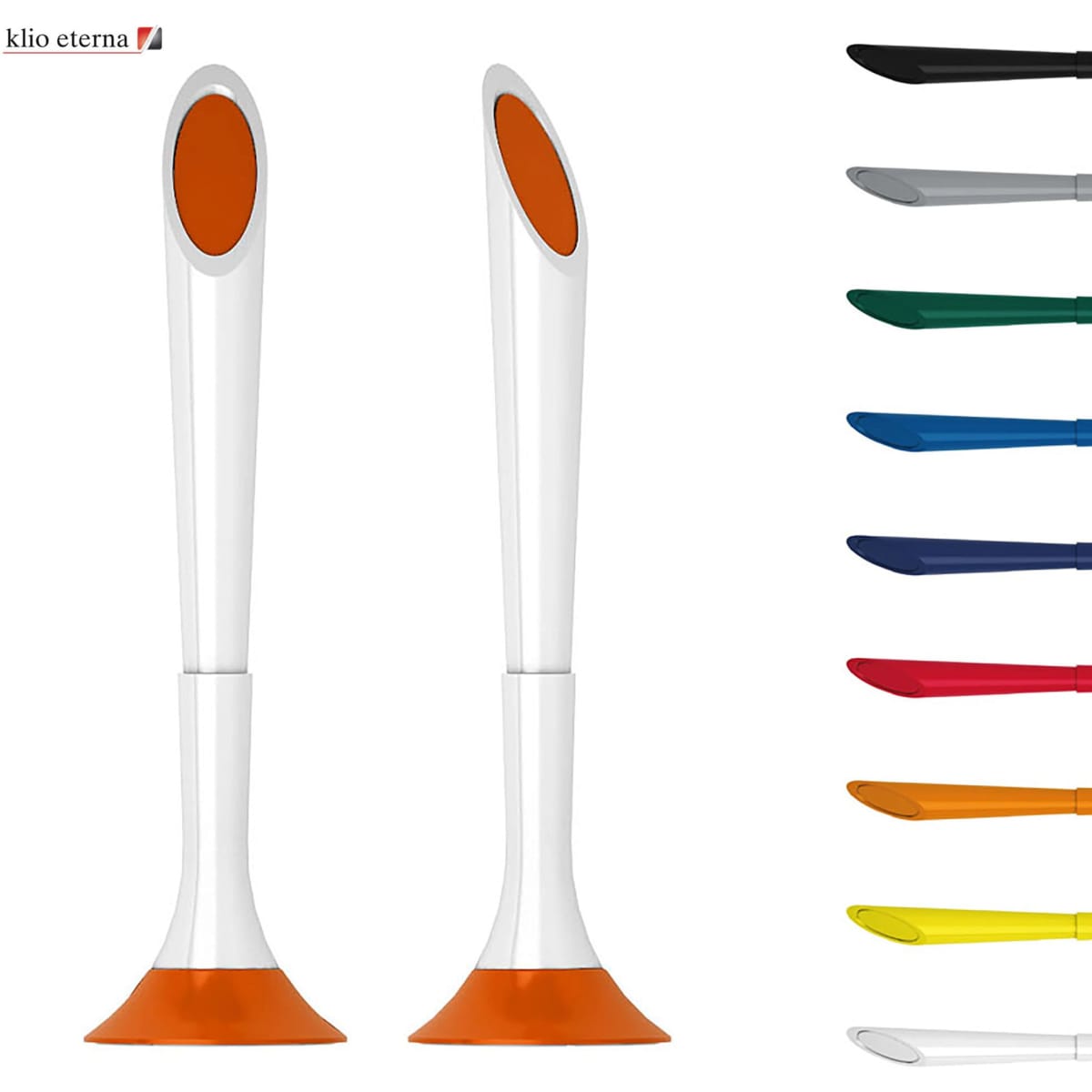 A set of plastic pens in various colours, featuring a unique design with orange accents and a logo.