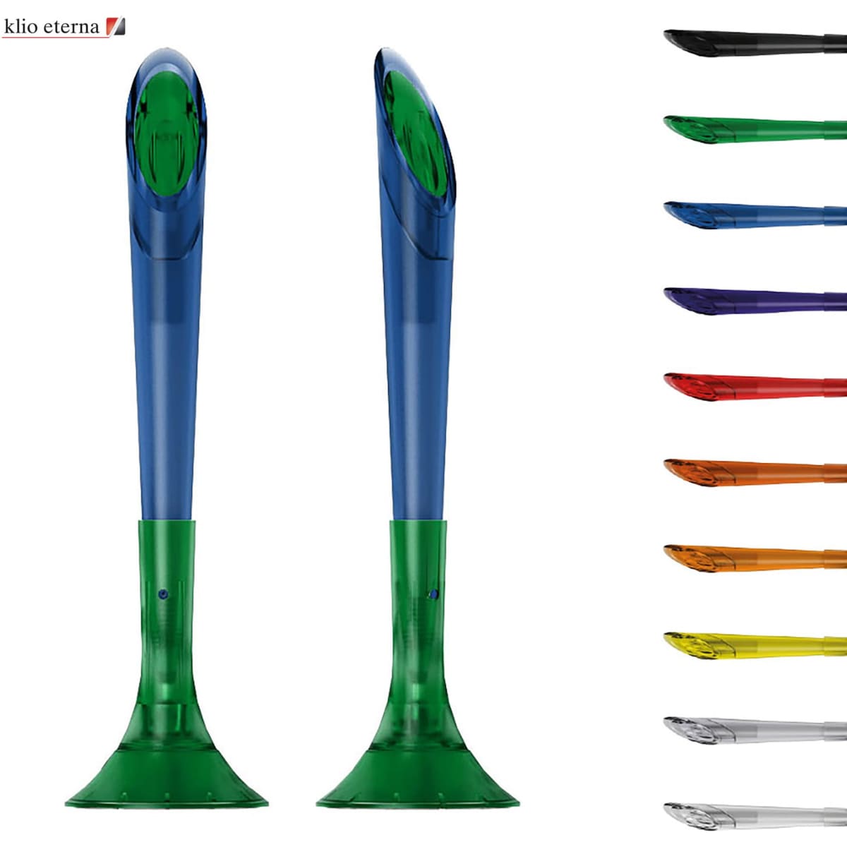 Two plastic pens in green and blue, with a sleek design, accompanied by various other colourful pen options.