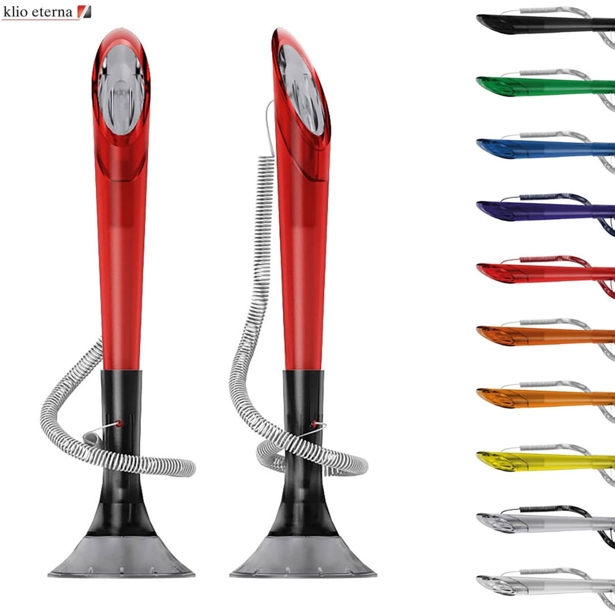 A sleek, red plastic pen with a unique design, featuring a coiled grip and a base, among various colour options.