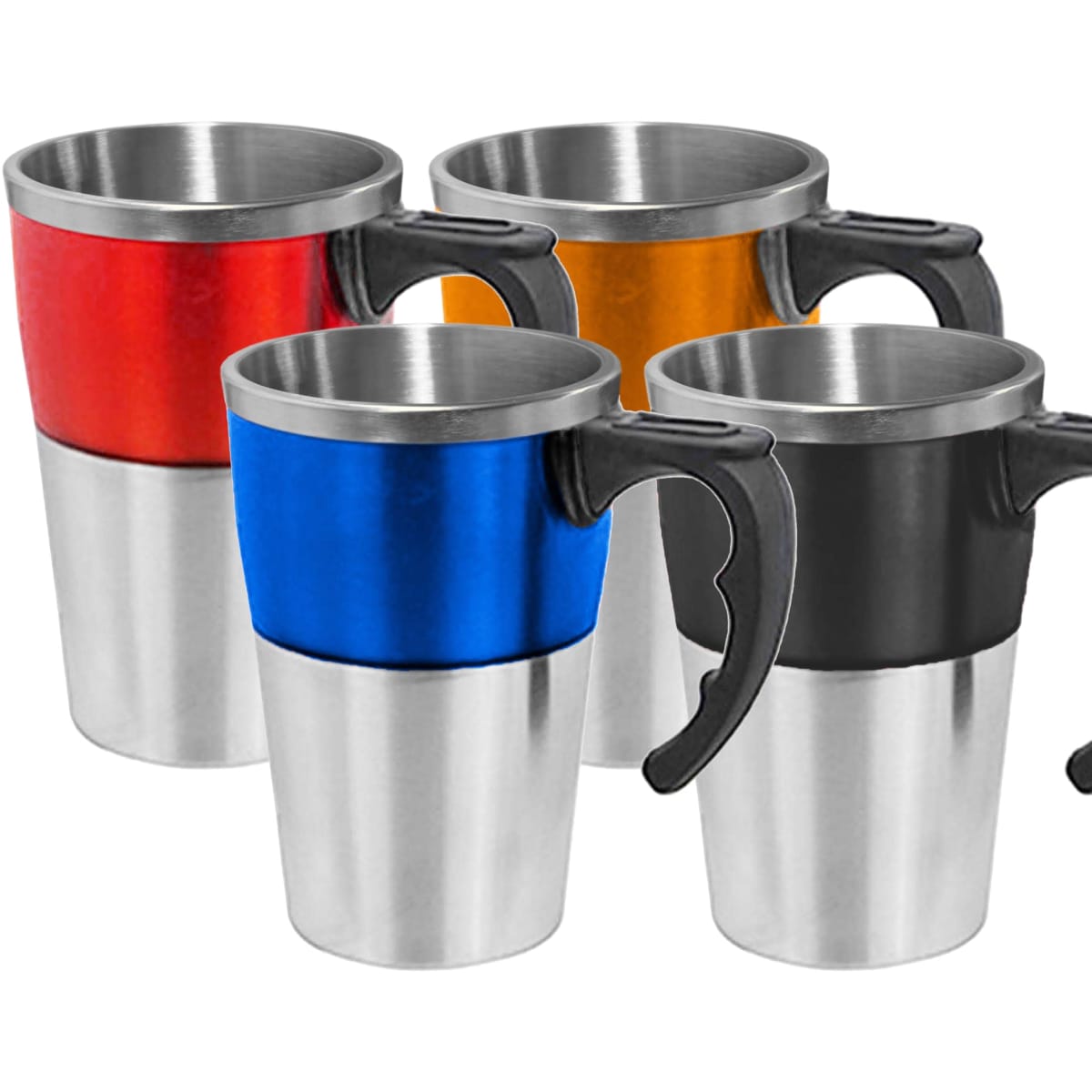 A collection of four travel mugs featuring metal bases and colourful tops in red, blue, orange, and black, each with a handle.