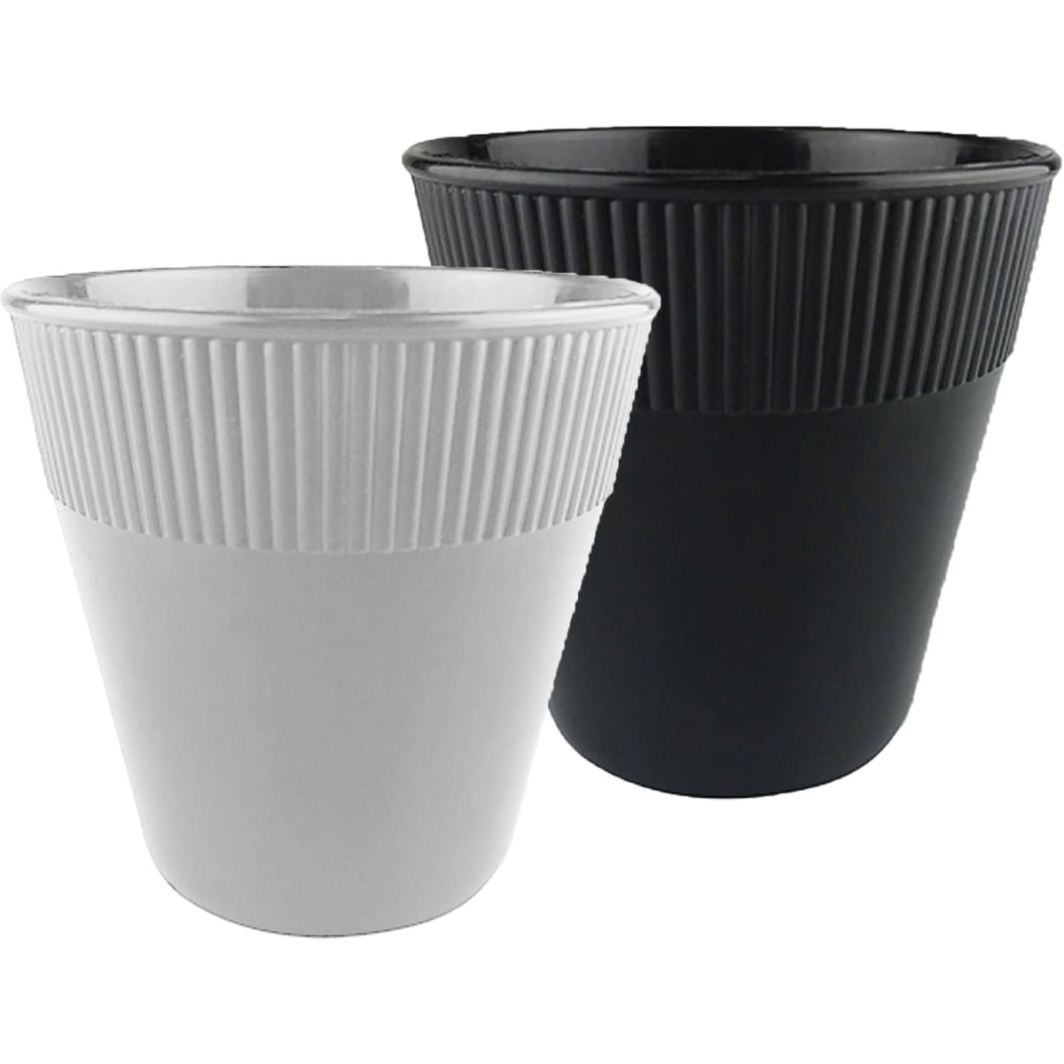 A set of two 8oz plastic cups in black and white, featuring a ribbed design and a logo on one cup.