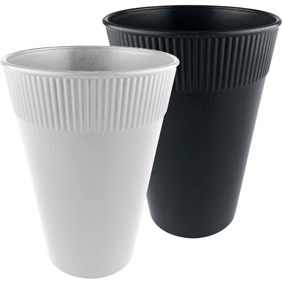 A set of two 12oz plastic cups in white and black, featuring a ribbed design and one cup has a logo.