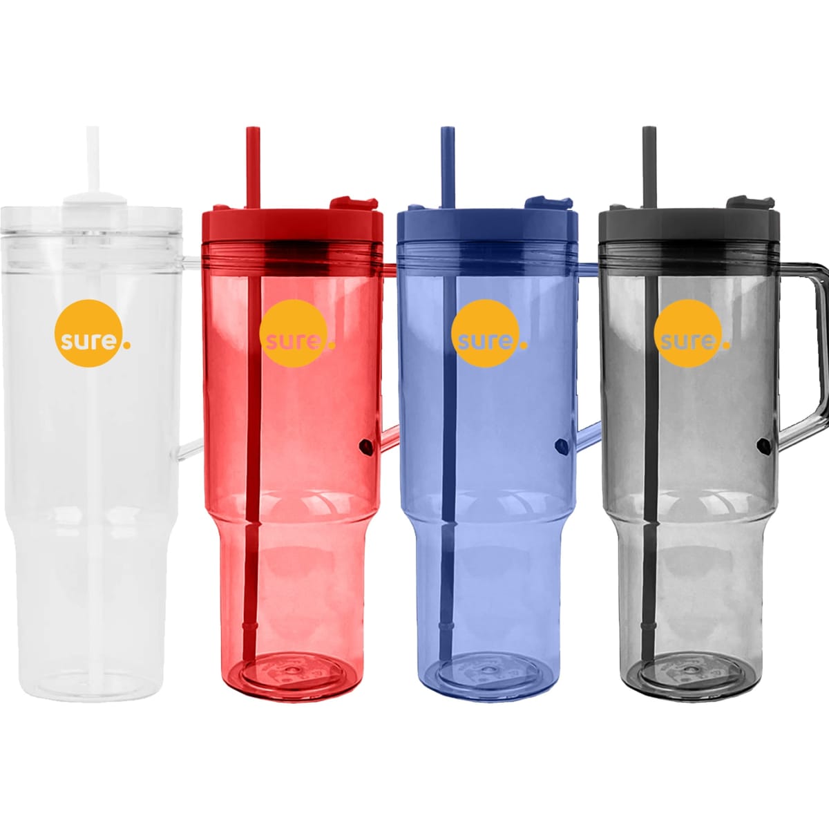 A drink bottle set featuring four travel mugs in clear, red, blue, and grey, with straws and handles. Each has a logo.