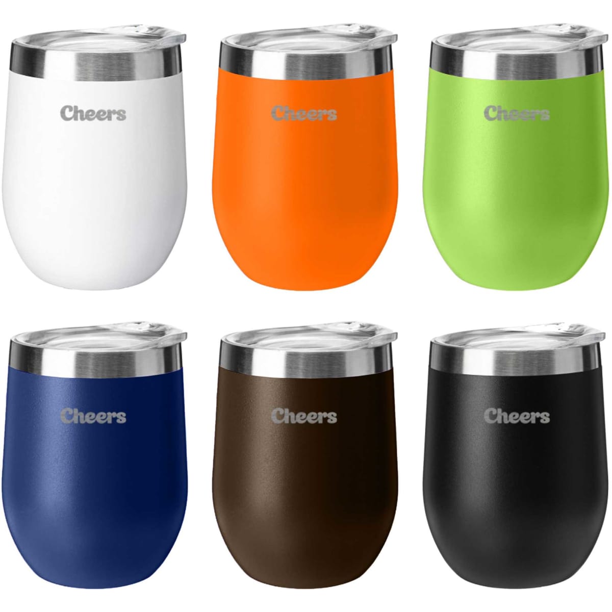 A drink bottle featuring six travel mugs in white, orange, green, navy, brown, and black, each with a metal lid and a logo.