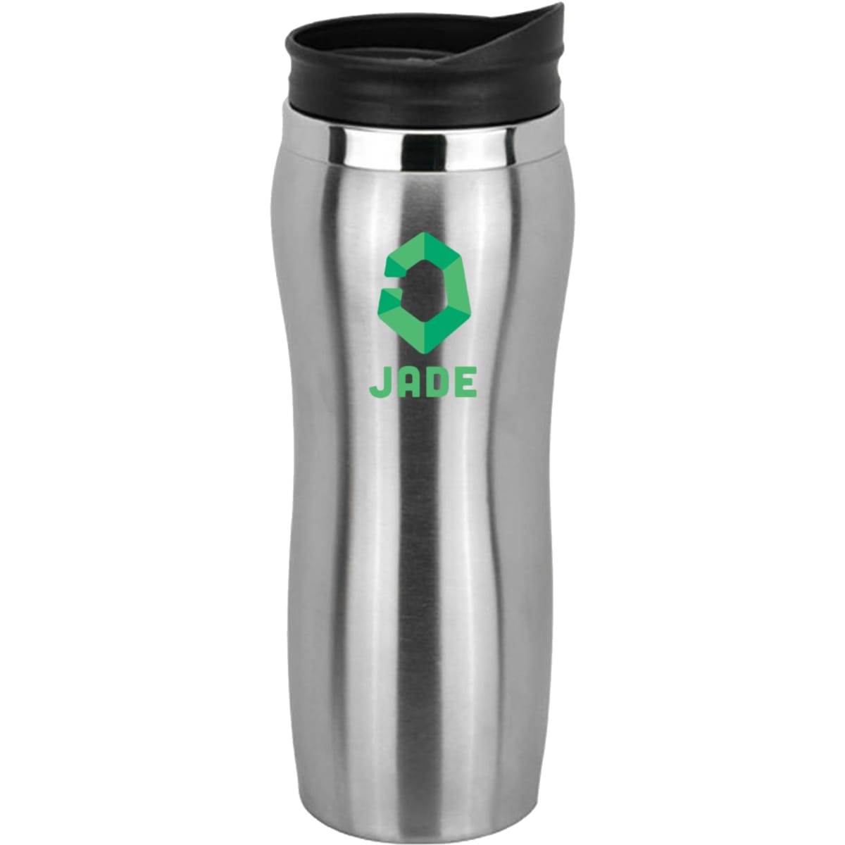 A stainless steel travel mug with a black lid and a green logo. Ideal for carrying beverages.
