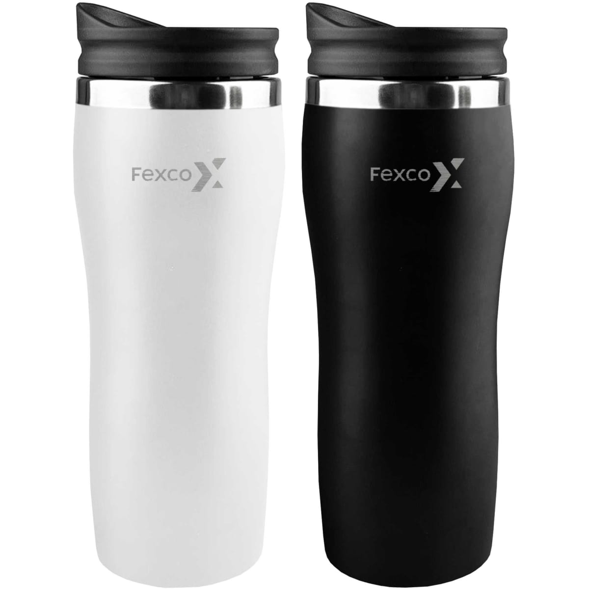 A drink bottle set featuring two travel mugs, one in white and the other in black, each with a logo and a lid.