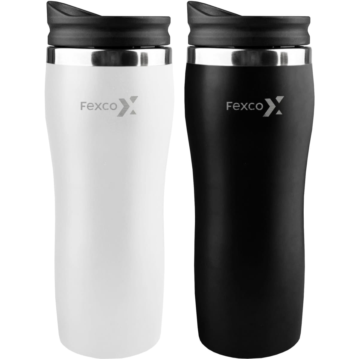 A drink mug set featuring a white mug and a black mug, both with a stainless steel rim and branding.