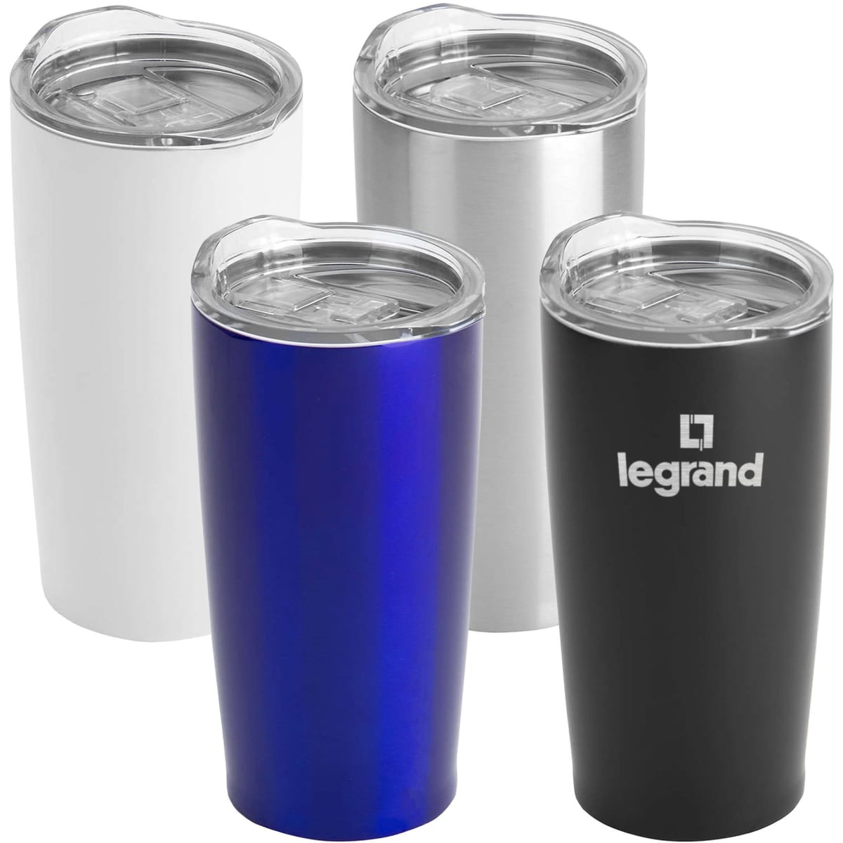 A set of four travel mugs in white, silver, blue, and black, each with a clear lid and one featuring a logo.
