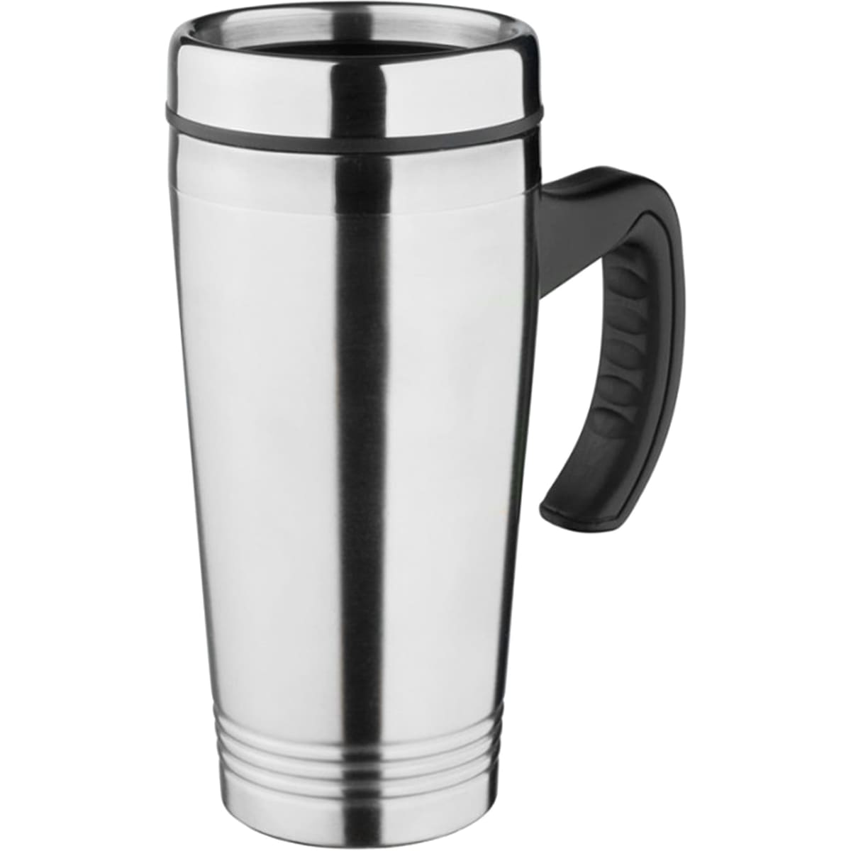 A travel mug with a shiny silver stainless steel body and a black handle, featuring a simple design.
