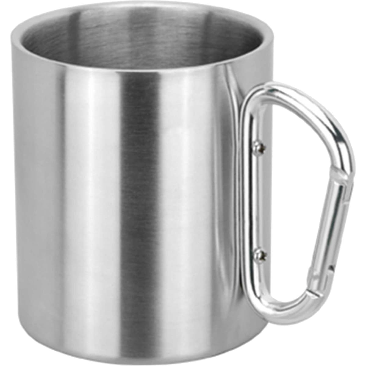 A stainless steel coffee mug with a silver finish and a carabiner-style handle. It features a branding logo.