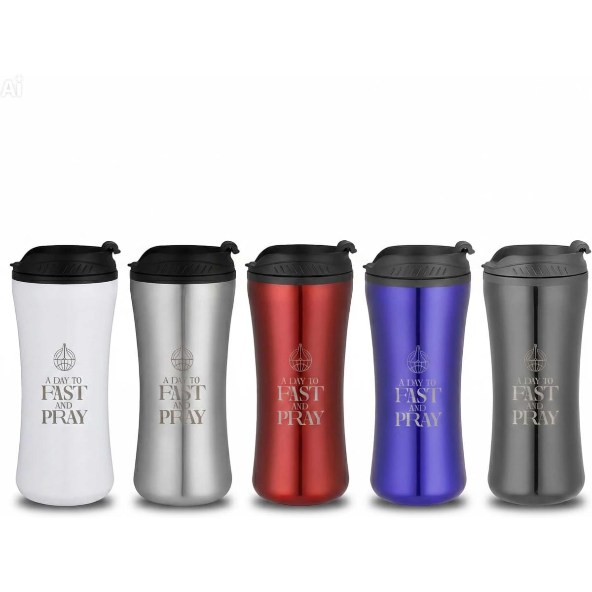 A set of five travel mugs in white, silver, red, purple, and black, each featuring a logo.