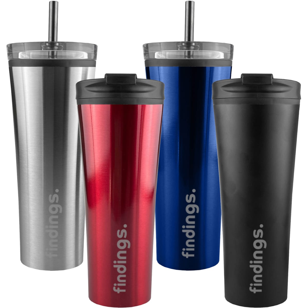 A collection of travel mugs in silver, red, blue, and black, each featuring a clear lid and a logo.