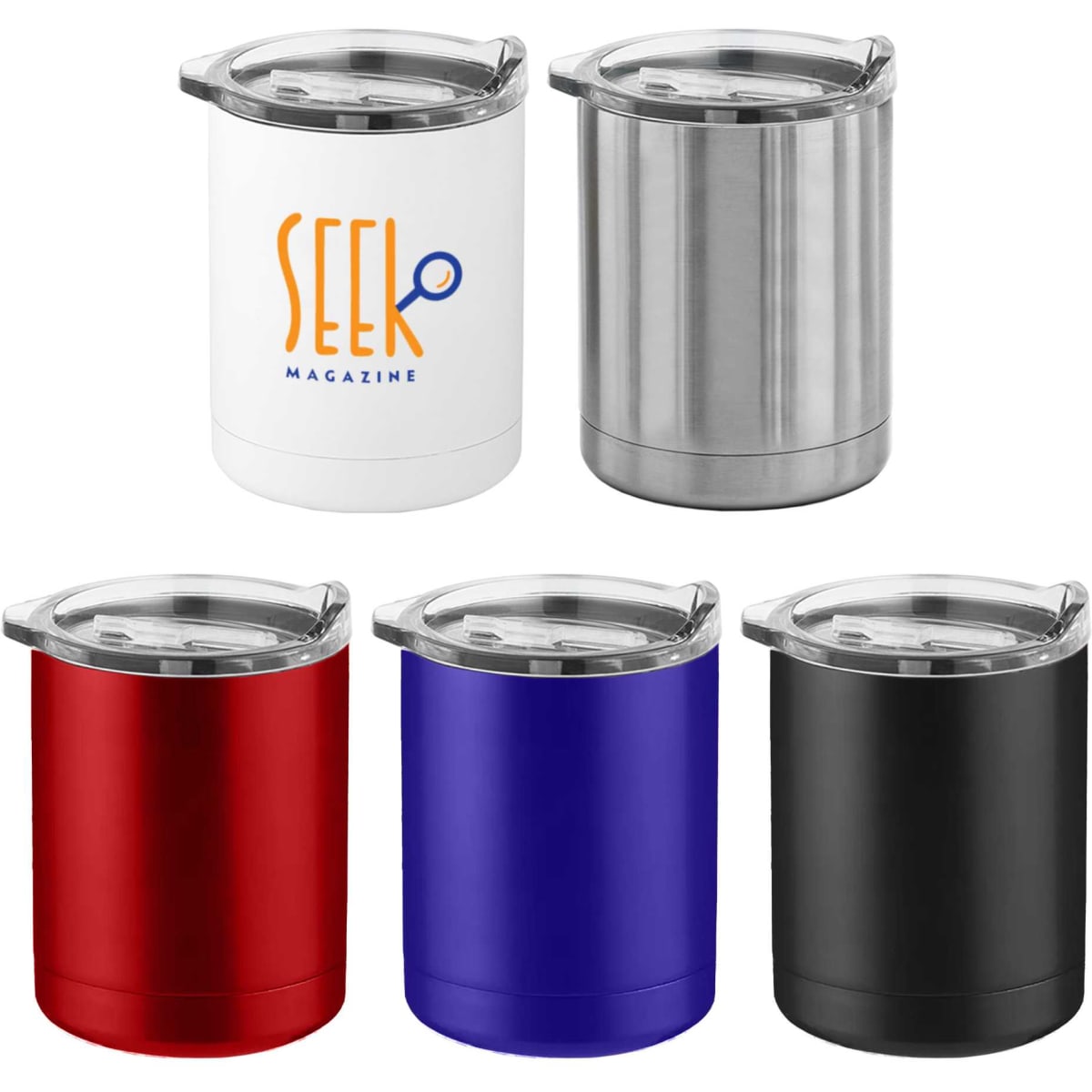 A drink bottle set featuring four insulated mugs in red, blue, black, and silver, each with a clear lid and branding.