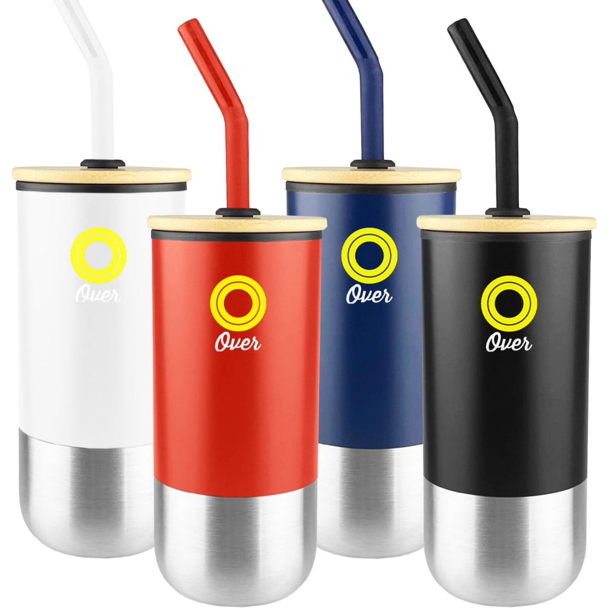 A set of four travel mugs in white, red, navy, and black, each with a straw and a logo.