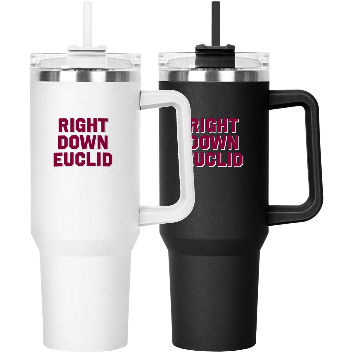 A travel mug set with two designs: a white mug with a clear lid and a black mug with a handle. Both have logos.