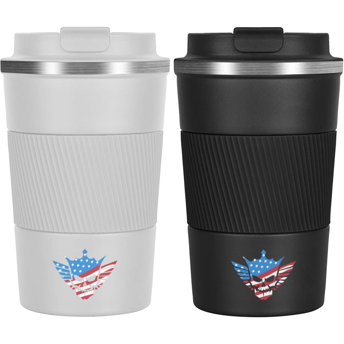 A travel mug set featuring a white mug and a black mug, both with a textured grip and branding.