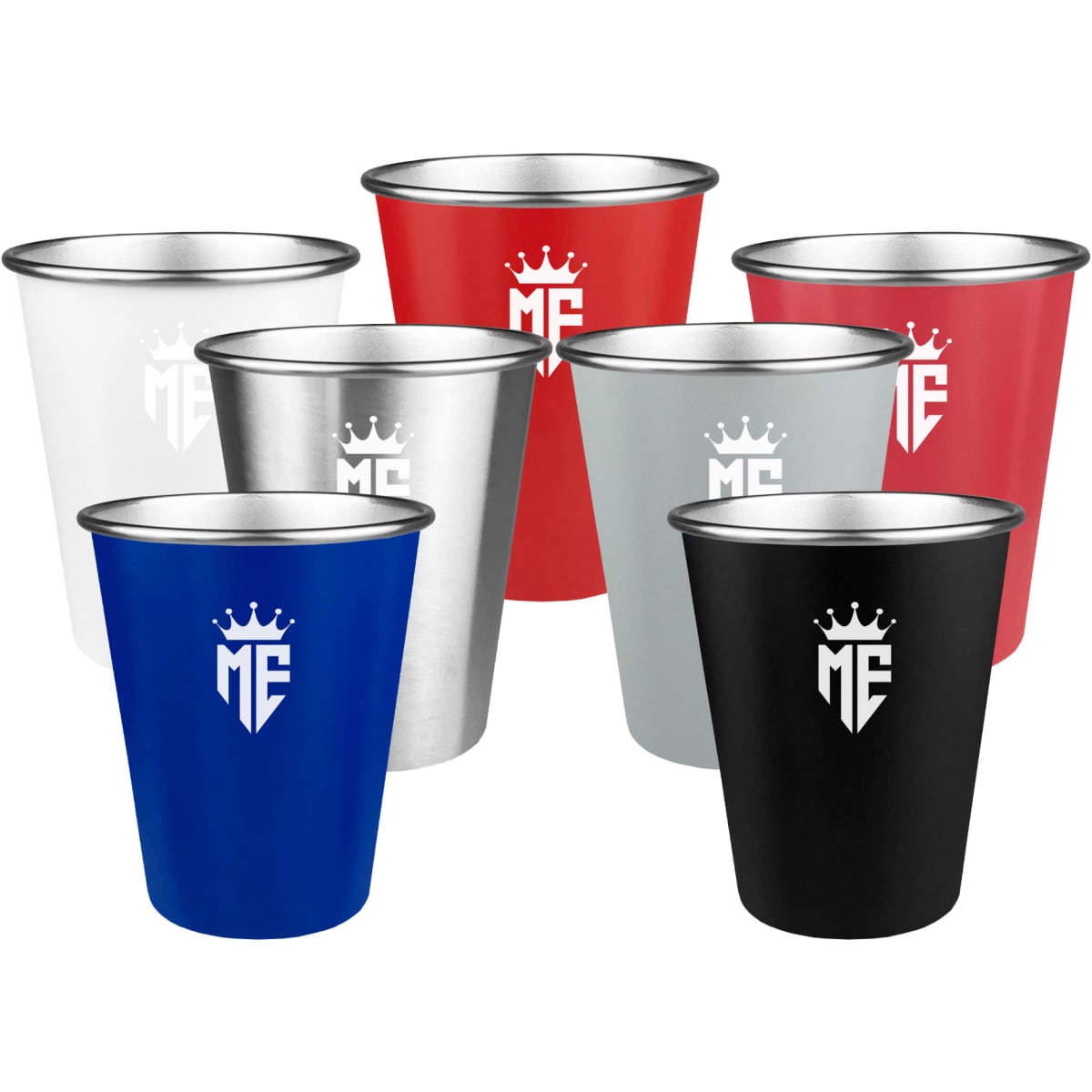 A drink bottle set featuring metal party cups in blue, red, silver, grey, black, and white, each with a logo.