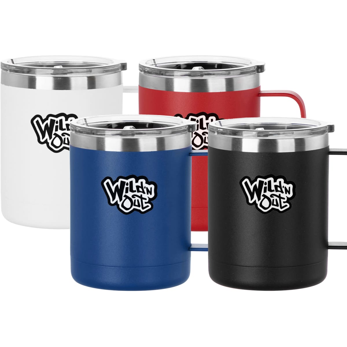 A travel mug set featuring white, red, blue, and black mugs with a logo on each. Each mug has a stainless-steel lid.