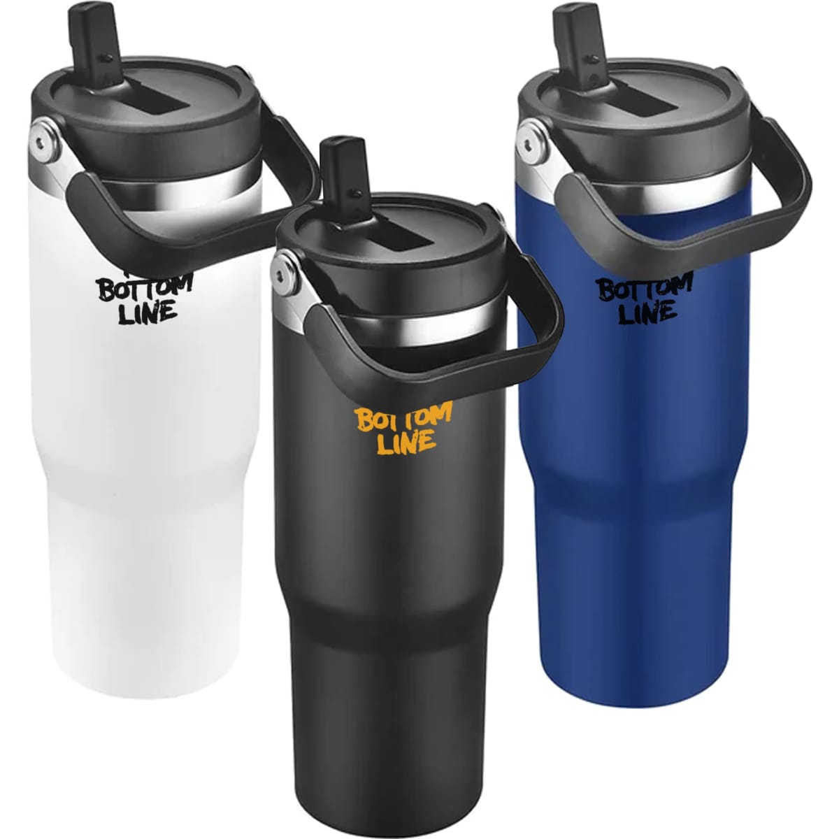 Three travel mugs in white, black, and blue, featuring a handle and a lid. Each mug has a logo.