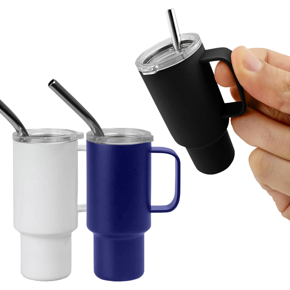 A drink tumbler set featuring three mini insulated cups in black, white, and blue, each with a straw and a handle.