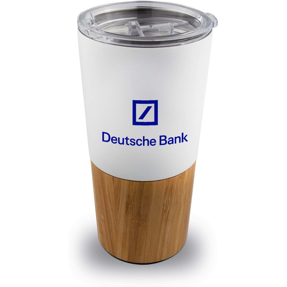 A drink bottle featuring a white upper section and a bamboo lower section, with a clear lid and a logo.