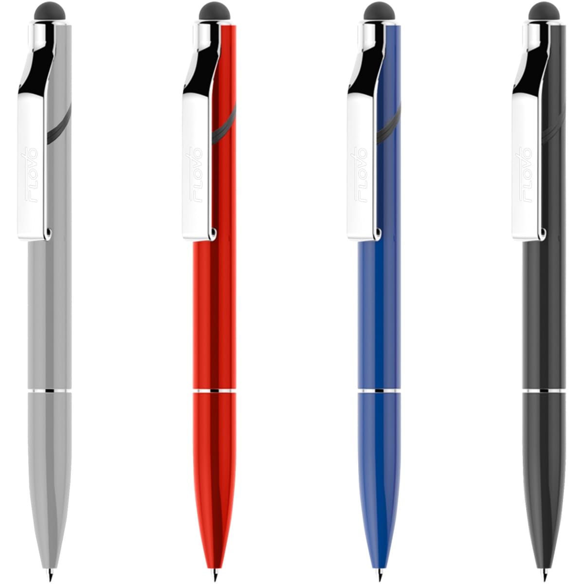 A collection of four stylus pens in silver, red, blue, and black, each featuring a clip and a soft tip.