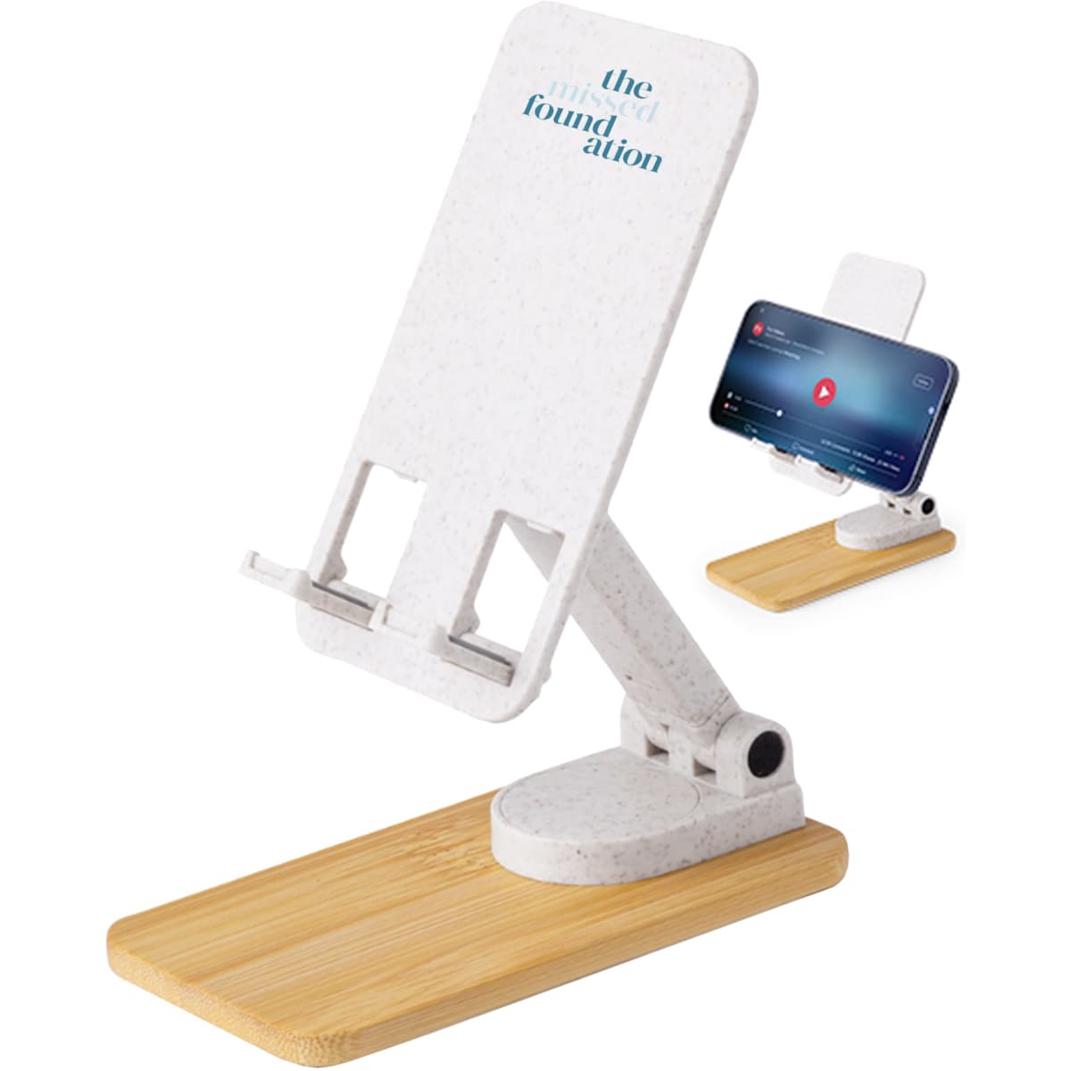 A bamboo mobile stand with a white adjustable phone holder. It features a base made of bamboo and has a logo.