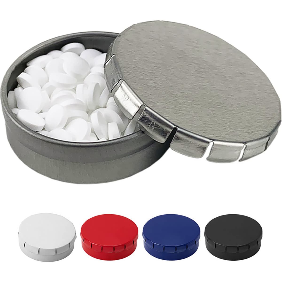 A mint tin with a metallic lid, containing white mints. Available in silver, white, red, blue, and black colours.