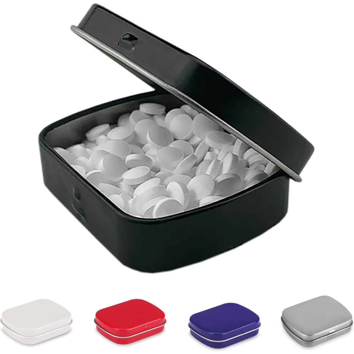 A rectangular black mint tin filled with white mints, alongside red, white, purple, and silver versions of the tin.