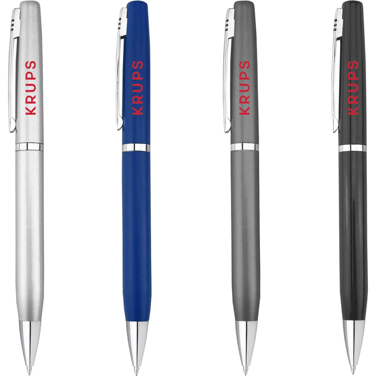 A collection of metal pens in silver, blue, grey, and black, featuring a logo on each pen.