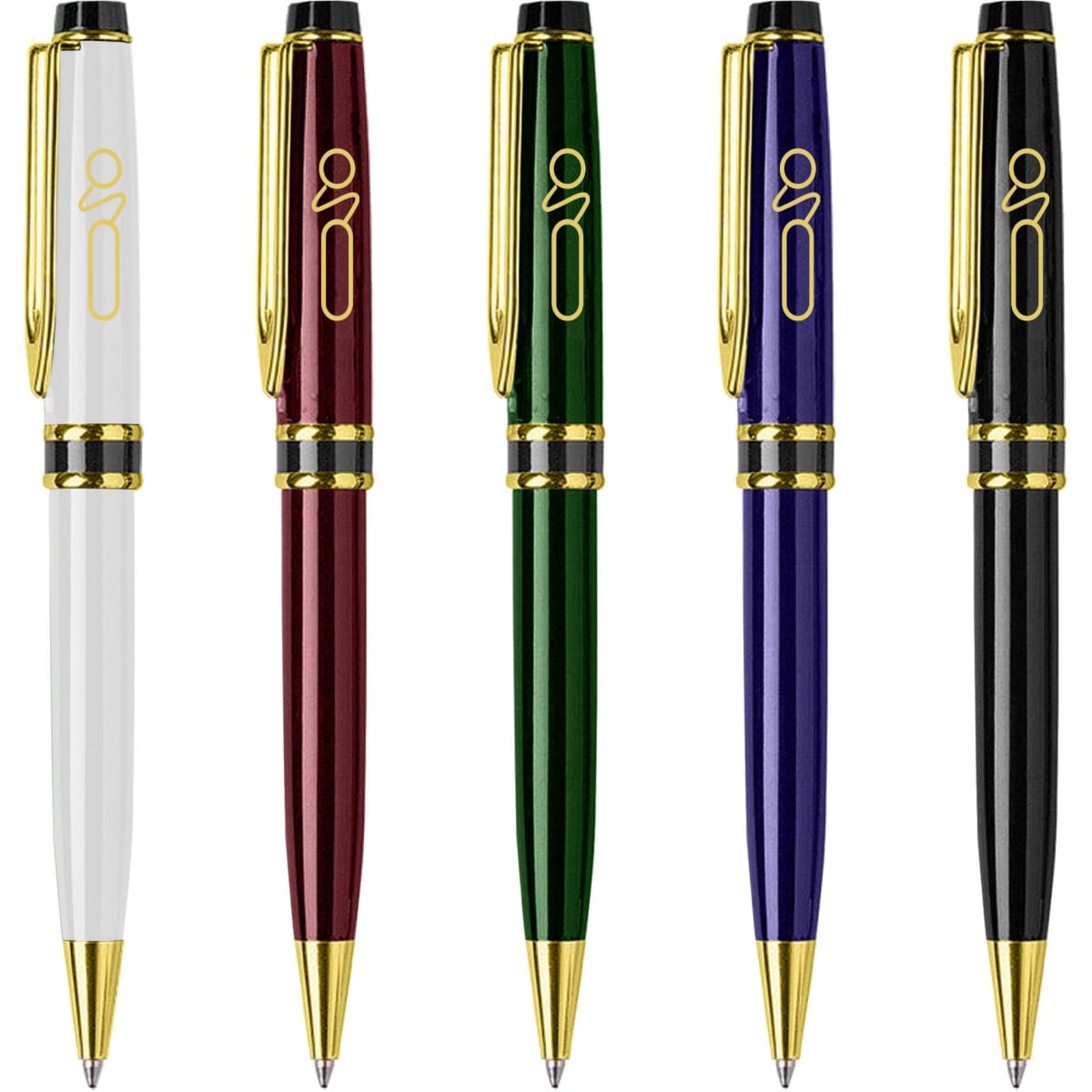 A collection of five metal pens in white, burgundy, green, purple, and black, featuring gold accents and a logo.