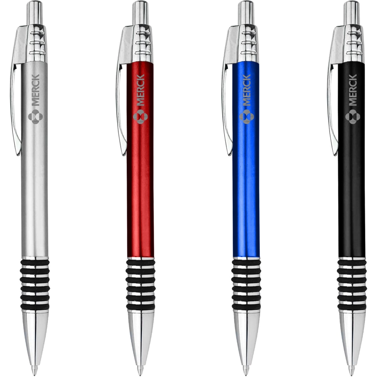 Four metal pens in silver, red, blue, and black, featuring a logo and a textured grip.