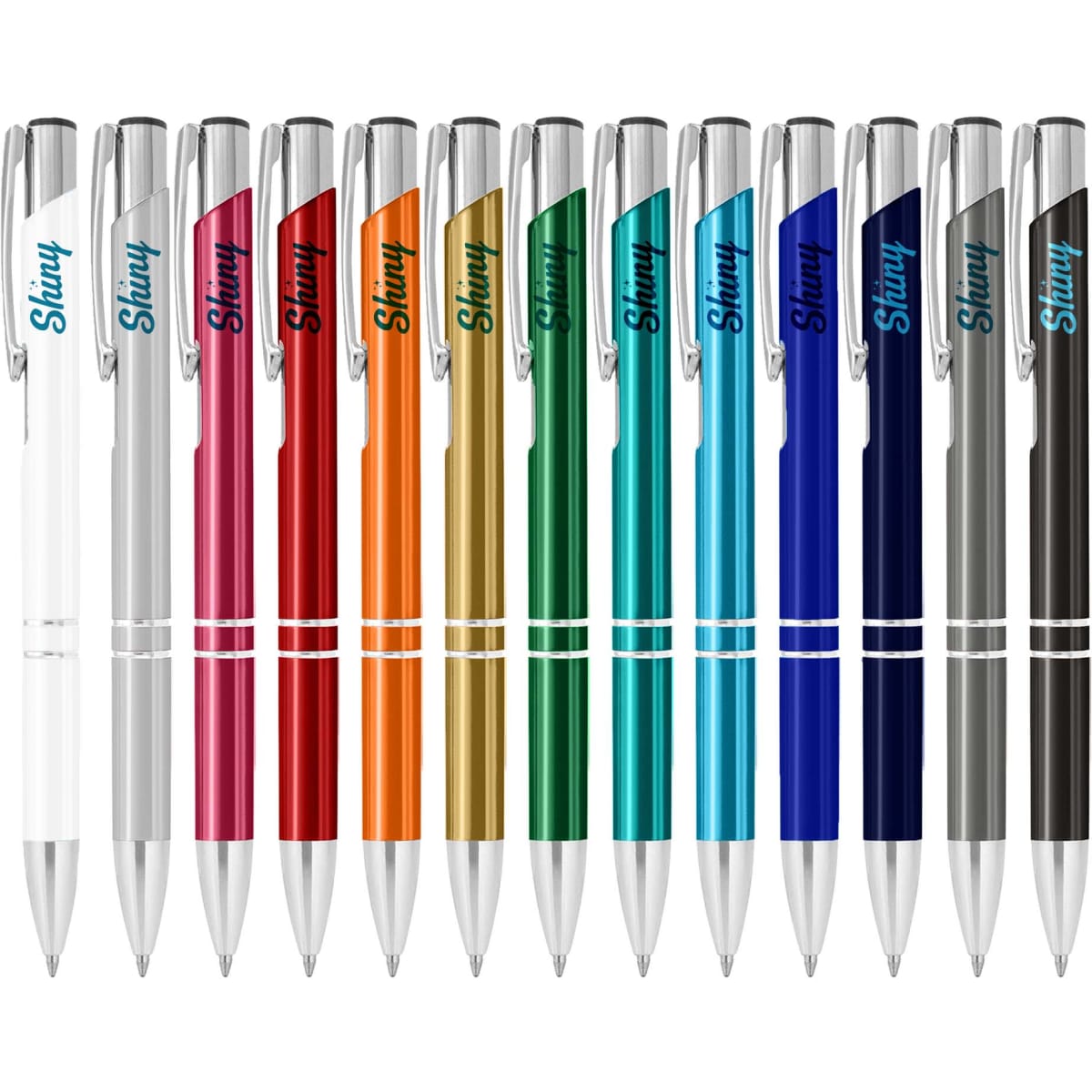 A collection of metal pens in various colours, including white, pink, red, orange, green, blue, and black, featuring a logo.
