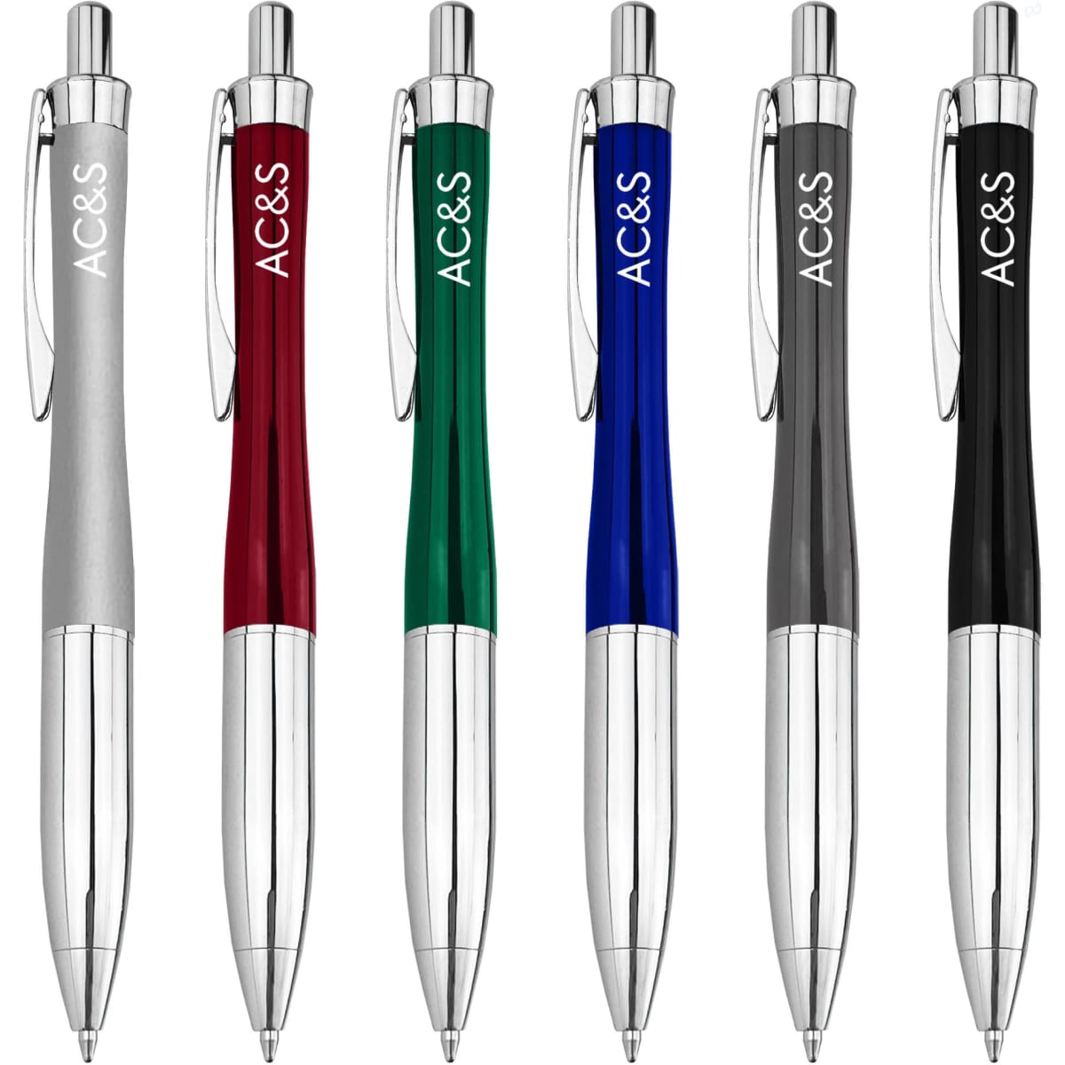 A collection of six metal pens in silver, red, green, blue, black, and grey, featuring a logo on each.
